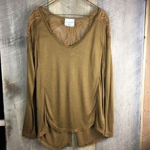 Free People Golden Brown Lace Back Long Sleeve Top